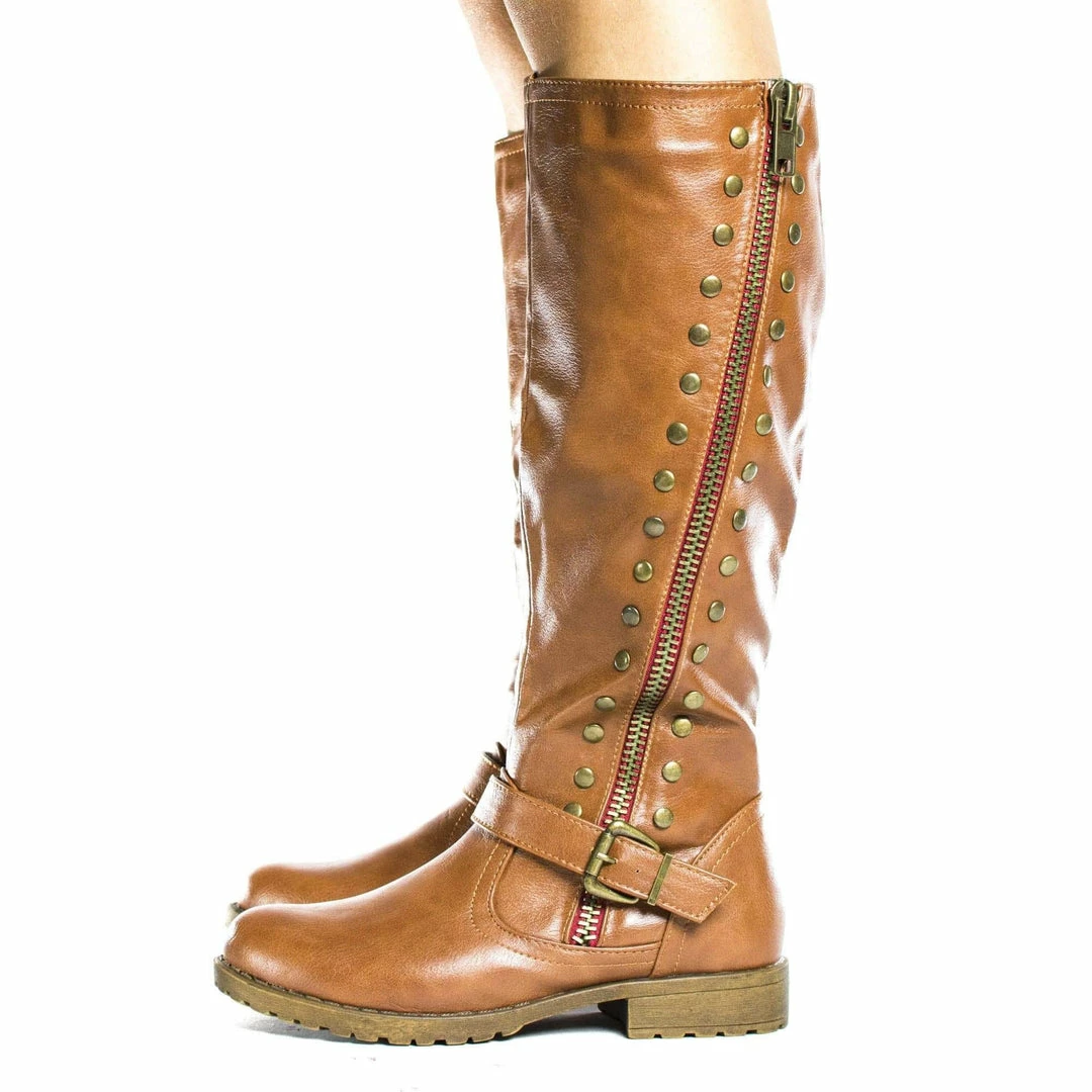 New Monterey01 By Bamboo, Knee High Studded Motto Faux Wooden Heel Riding Boots