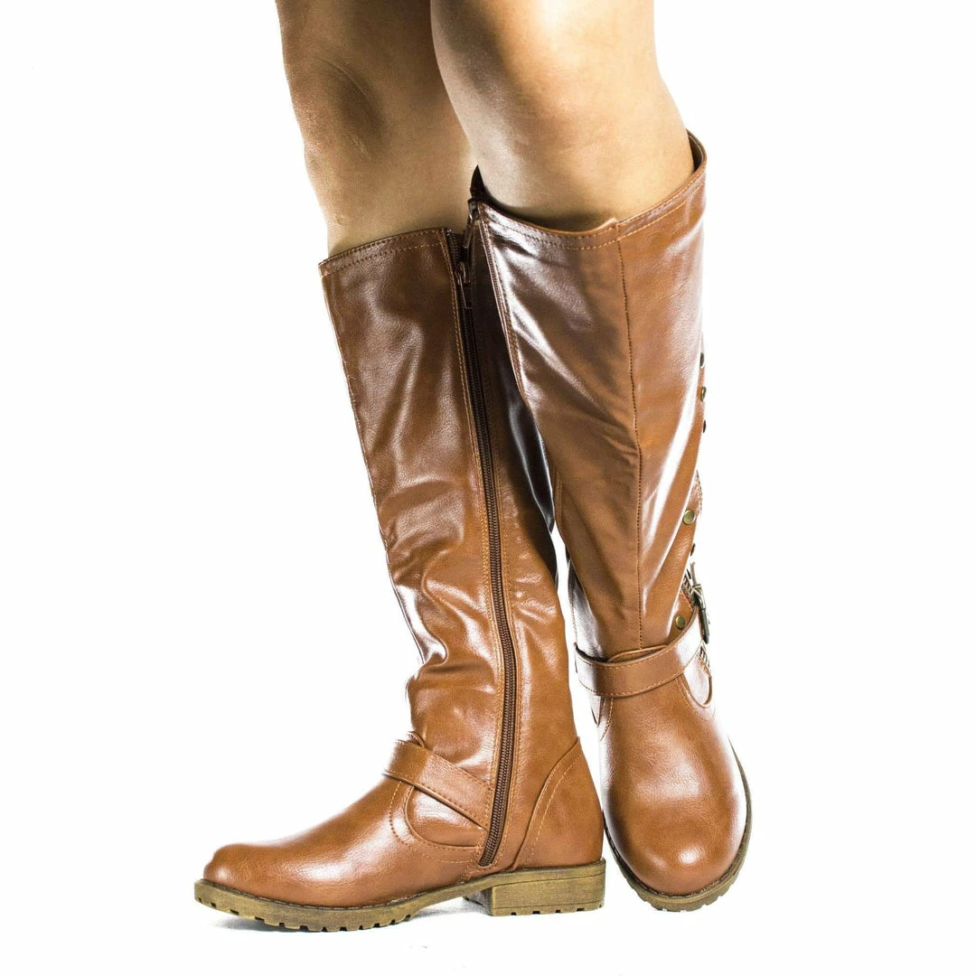 New Monterey01 By Bamboo, Knee High Studded Motto Faux Wooden Heel Riding Boots
