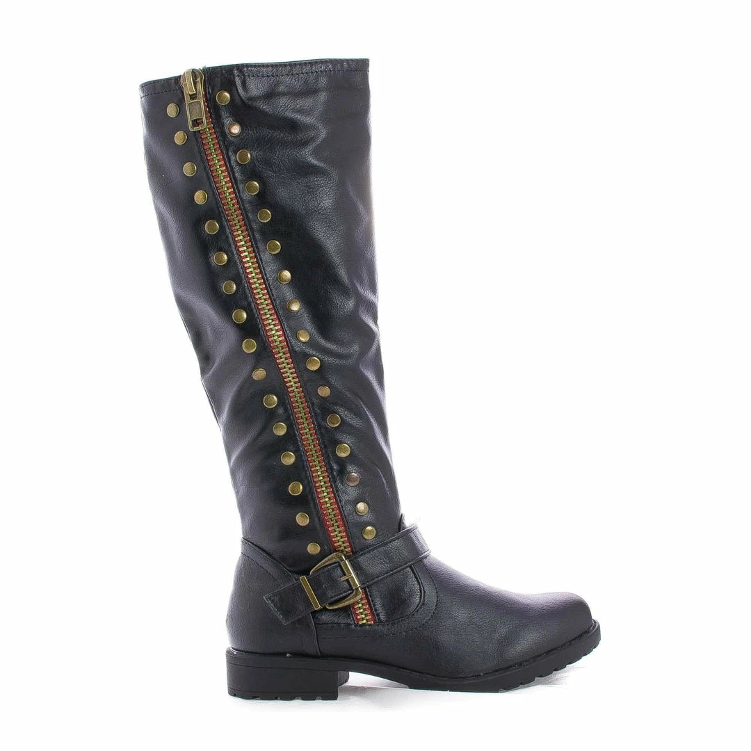 New Monterey01 By Bamboo, Knee High Studded Motto Faux Wooden Heel Riding Boots