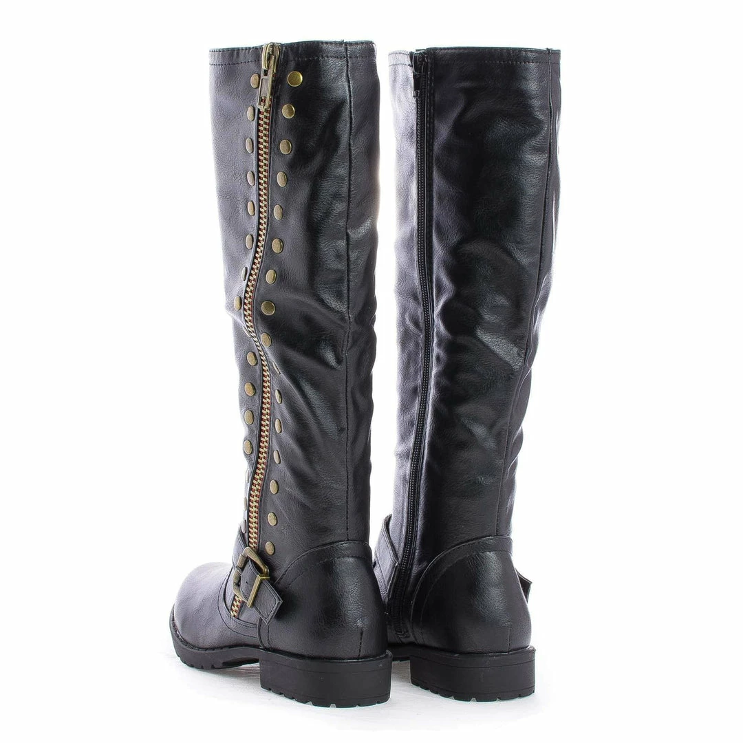 New Monterey01 By Bamboo, Knee High Studded Motto Faux Wooden Heel Riding Boots