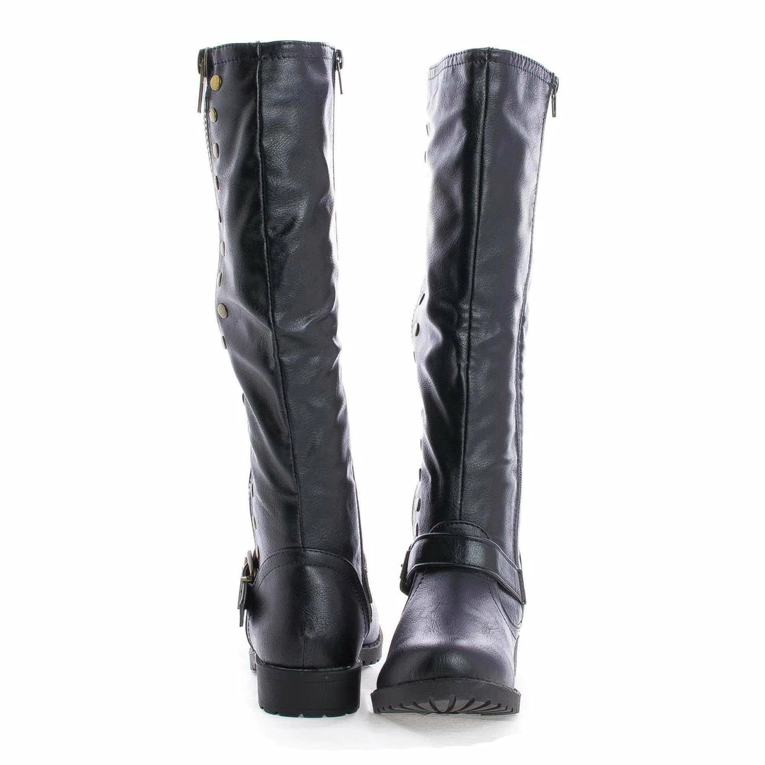New Monterey01 By Bamboo, Knee High Studded Motto Faux Wooden Heel Riding Boots