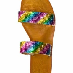Bamboo New Moondance86 Rhinestone Double Strap Flat Slides - Womens Rainbow Crystal Sandal