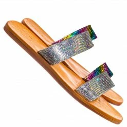 Bamboo New Moondance86 Rhinestone Double Strap Flat Slides - Womens Rainbow Crystal Sandal