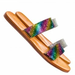 Bamboo New Moondance86 Rhinestone Double Strap Flat Slides - Womens Rainbow Crystal Sandal