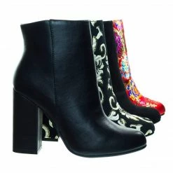 Bamboo New Namaste05 Floral Embroidery Block Heel Ankle Bootie W Faux Fur Lining