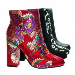 Bamboo New Namaste05 Floral Embroidery Block Heel Ankle Bootie W Faux Fur Lining