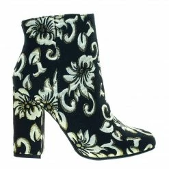 Bamboo New Namaste05 Floral Embroidery Block Heel Ankle Bootie W Faux Fur Lining