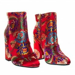 Bamboo New Namaste05 Floral Embroidery Block Heel Ankle Bootie W Faux Fur Lining