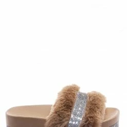 Bamboo Nighttime02 Faux Fur Rhinestone Flatform Slides - Molded Footbed Crystal Sandal New