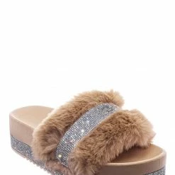 Bamboo Nighttime02 Faux Fur Rhinestone Flatform Slides - Molded Footbed Crystal Sandal New