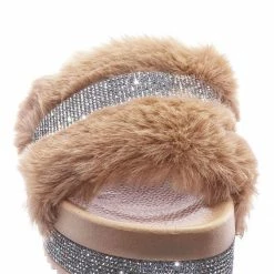 Bamboo Nighttime02 Faux Fur Rhinestone Flatform Slides - Molded Footbed Crystal Sandal New