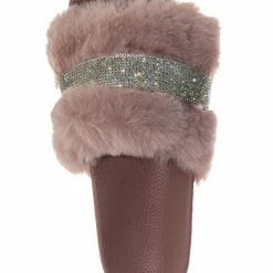 Bamboo Nighttime02 Faux Fur Rhinestone Flatform Slides - Molded Footbed Crystal Sandal New