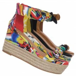 Bamboo New Olson19 Espadrille Jute Rope Braided Wedge Sandal - Women Bow Floral Ankle Strap