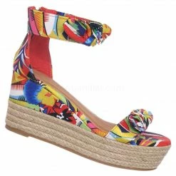 Bamboo New Olson19 Espadrille Jute Rope Braided Wedge Sandal - Women Bow Floral Ankle Strap