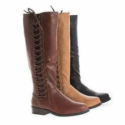 Pilot17 By Bamboo, Knee High Corset Lace Faux Wooden Heel Riding Boots