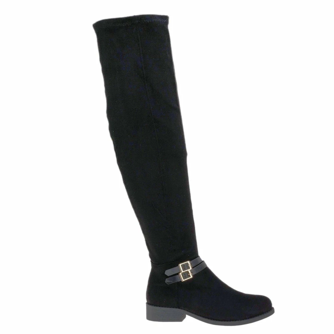 Pilot32M By Bamboo, Biker / Riding Over Knee Boots W Stack Heel & Wraparound Buckle Strap New