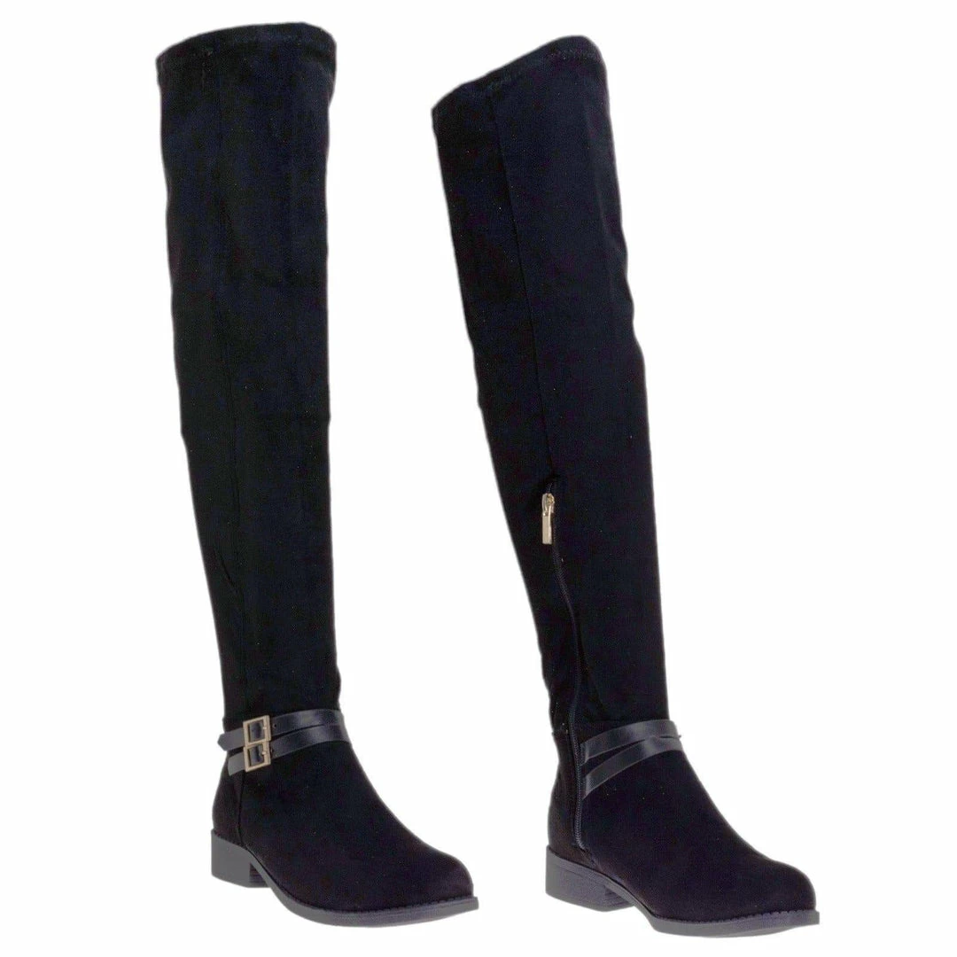 Pilot32M By Bamboo, Biker / Riding Over Knee Boots W Stack Heel & Wraparound Buckle Strap New