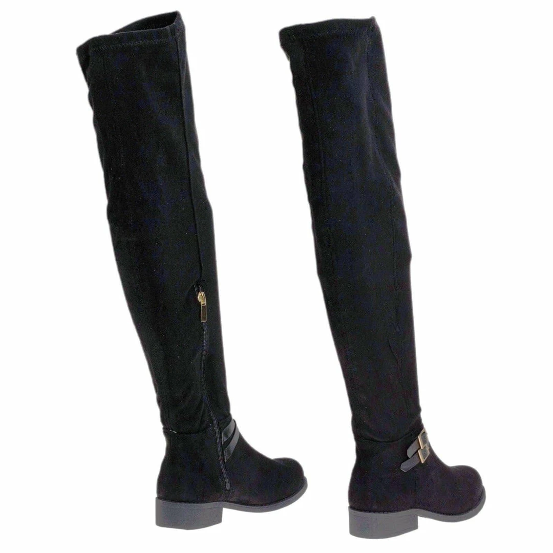 Pilot32M By Bamboo, Biker / Riding Over Knee Boots W Stack Heel & Wraparound Buckle Strap New