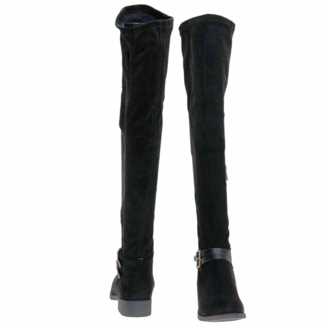 Pilot32M By Bamboo, Biker / Riding Over Knee Boots W Stack Heel & Wraparound Buckle Strap New