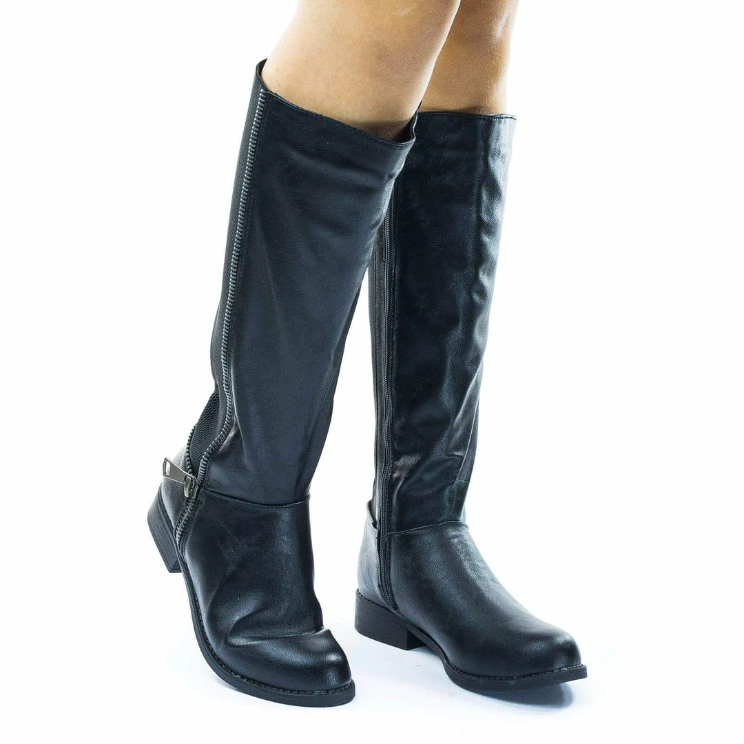 Bamboo New Pilot36 Riding Boots W Stacked Heel, Elastic Saft & Faux Fur Inner Lining