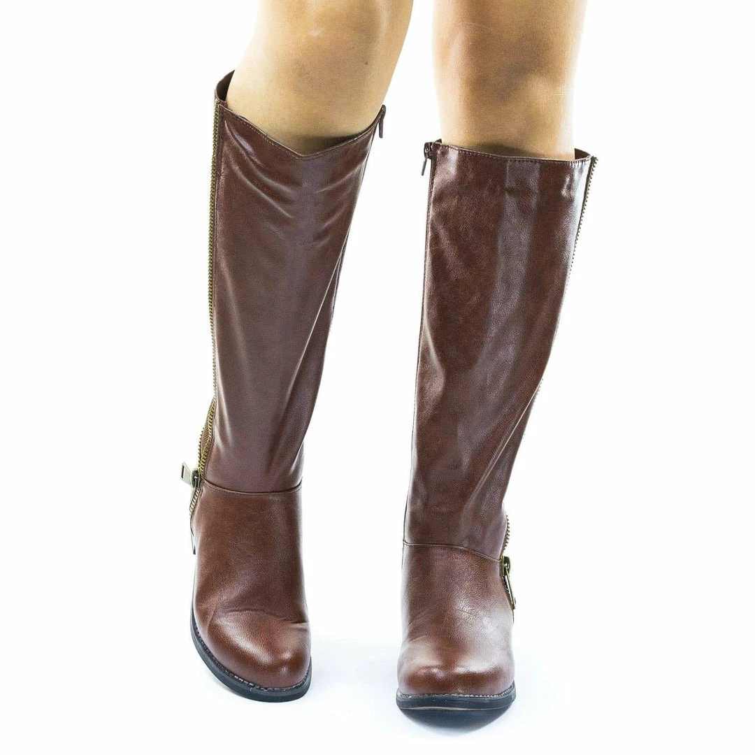 Bamboo New Pilot36 Riding Boots W Stacked Heel, Elastic Saft & Faux Fur Inner Lining