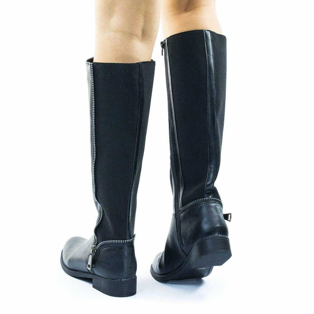Bamboo New Pilot36 Riding Boots W Stacked Heel, Elastic Saft & Faux Fur Inner Lining