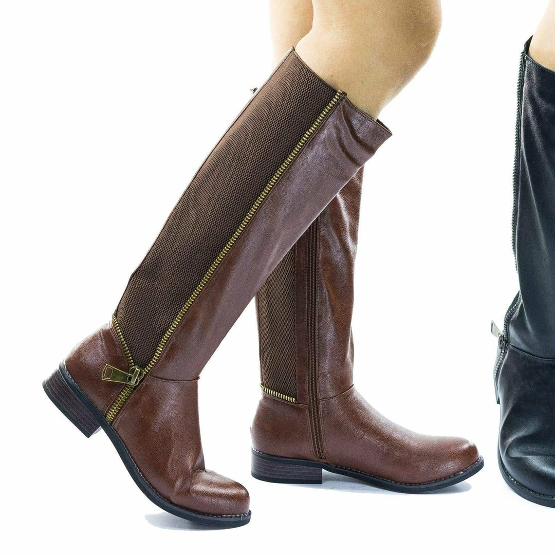 Bamboo New Pilot36 Riding Boots W Stacked Heel, Elastic Saft & Faux Fur Inner Lining