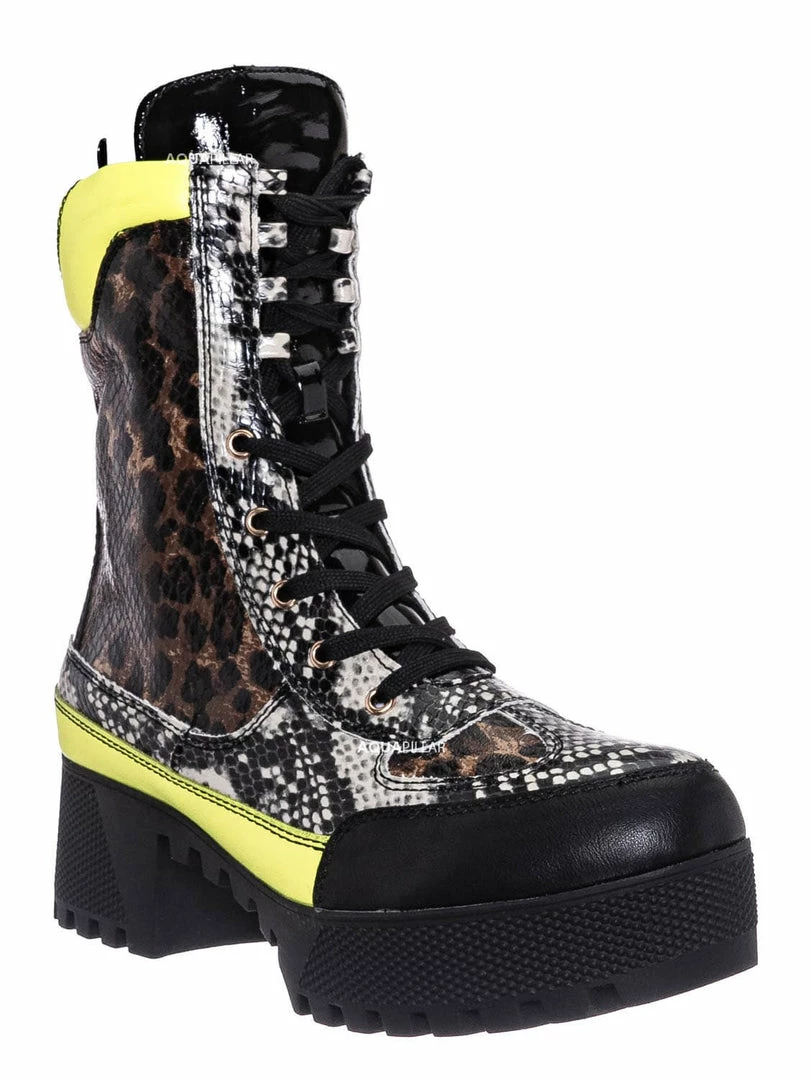 Bamboo Powerful06 Faux Fur Lninig Combat Boots - Military Lug Sole Color Block Shoes New