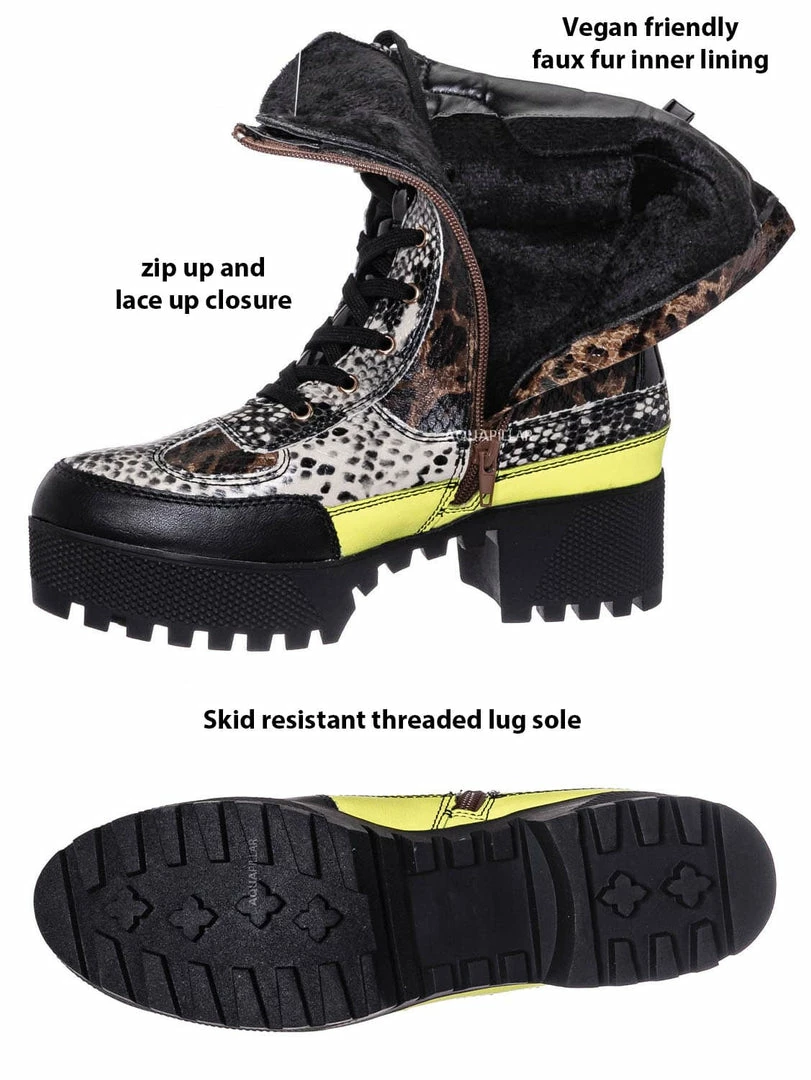 Bamboo Powerful06 Faux Fur Lninig Combat Boots - Military Lug Sole Color Block Shoes New