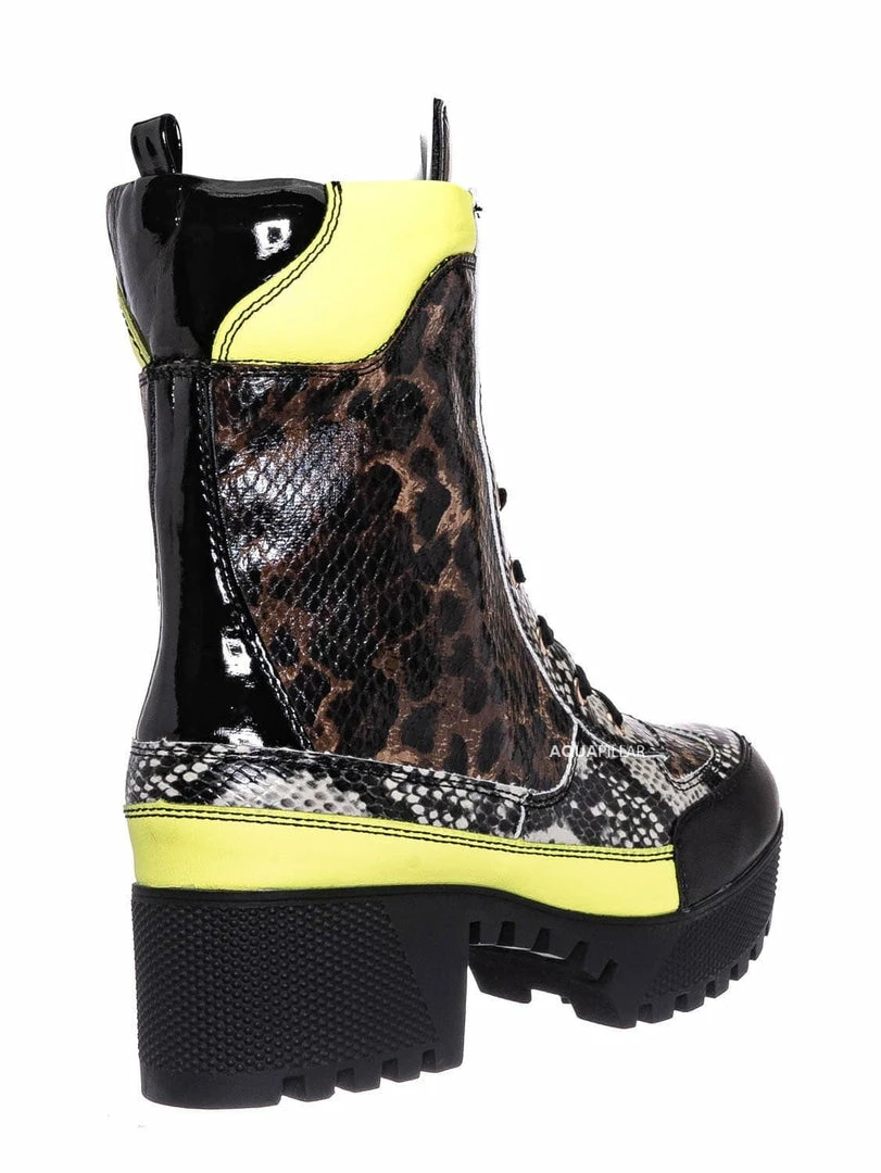 Bamboo Powerful06 Faux Fur Lninig Combat Boots - Military Lug Sole Color Block Shoes New