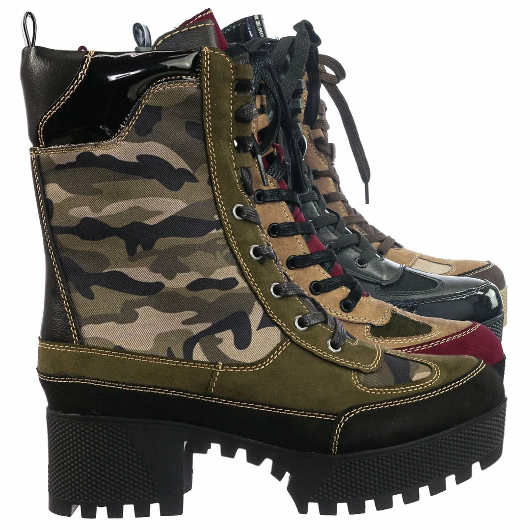 Bamboo Powerful06 Faux Fur Lninig Combat Boots - Military Lug Sole Color Block Shoes New