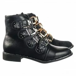 Bamboo Preppy01 Moto Punk Rock Combat Bootie W Metal Brass Buckle & Micro Metal Studs