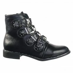 Bamboo Preppy01 Moto Punk Rock Combat Bootie W Metal Brass Buckle & Micro Metal Studs