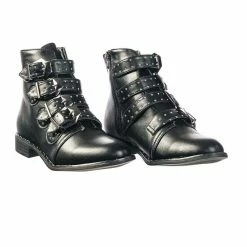 Bamboo Preppy01 Moto Punk Rock Combat Bootie W Metal Brass Buckle & Micro Metal Studs