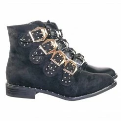 Bamboo Preppy01 Moto Punk Rock Combat Bootie W Metal Brass Buckle & Micro Metal Studs