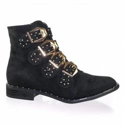 Bamboo Preppy01 Moto Punk Rock Combat Bootie W Metal Brass Buckle & Micro Metal Studs
