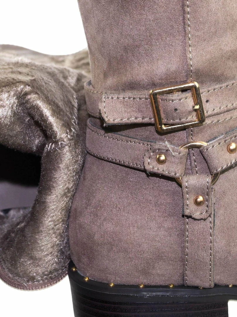 Bamboo Preppy05 Biker Motorcycle Riding Boots W Faux Fur Lining & Micro Metal Stud Welt