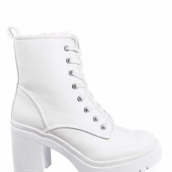 Bamboo New Regal01 Faux Fur Lined Combat Booties - Womens Laced Up Chunky Block Heels