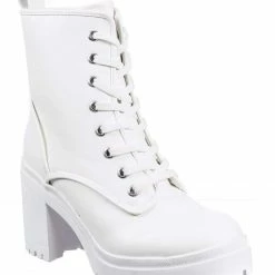 Bamboo New Regal01 Faux Fur Lined Combat Booties - Womens Laced Up Chunky Block Heels