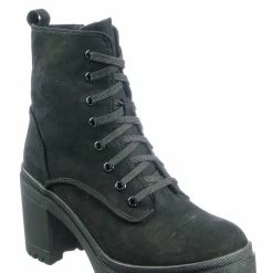Bamboo New Regal01 Faux Fur Lined Combat Booties - Womens Laced Up Chunky Block Heels