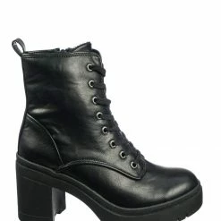 Bamboo New Regal01 Faux Fur Lined Combat Booties - Womens Laced Up Chunky Block Heels