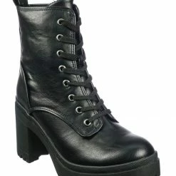 Bamboo New Regal01 Faux Fur Lined Combat Booties - Womens Laced Up Chunky Block Heels