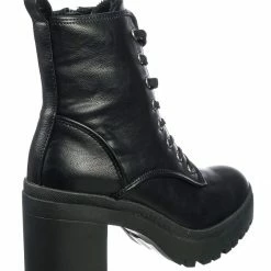 Bamboo New Regal01 Faux Fur Lined Combat Booties - Womens Laced Up Chunky Block Heels