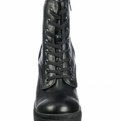 Bamboo New Regal01 Faux Fur Lined Combat Booties - Womens Laced Up Chunky Block Heels