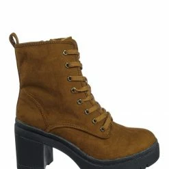 Bamboo New Regal01 Faux Fur Lined Combat Booties - Womens Laced Up Chunky Block Heels