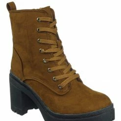 Bamboo New Regal01 Faux Fur Lined Combat Booties - Womens Laced Up Chunky Block Heels
