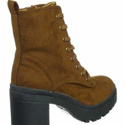Bamboo New Regal01 Faux Fur Lined Combat Booties - Womens Laced Up Chunky Block Heels