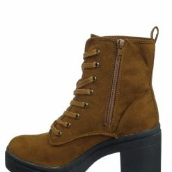 Bamboo New Regal01 Faux Fur Lined Combat Booties - Womens Laced Up Chunky Block Heels