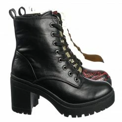 Bamboo New Regal01 Faux Fur Lined Combat Booties - Womens Laced Up Chunky Block Heels