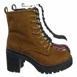 Bamboo New Regal01 Faux Fur Lined Combat Booties - Womens Laced Up Chunky Block Heels